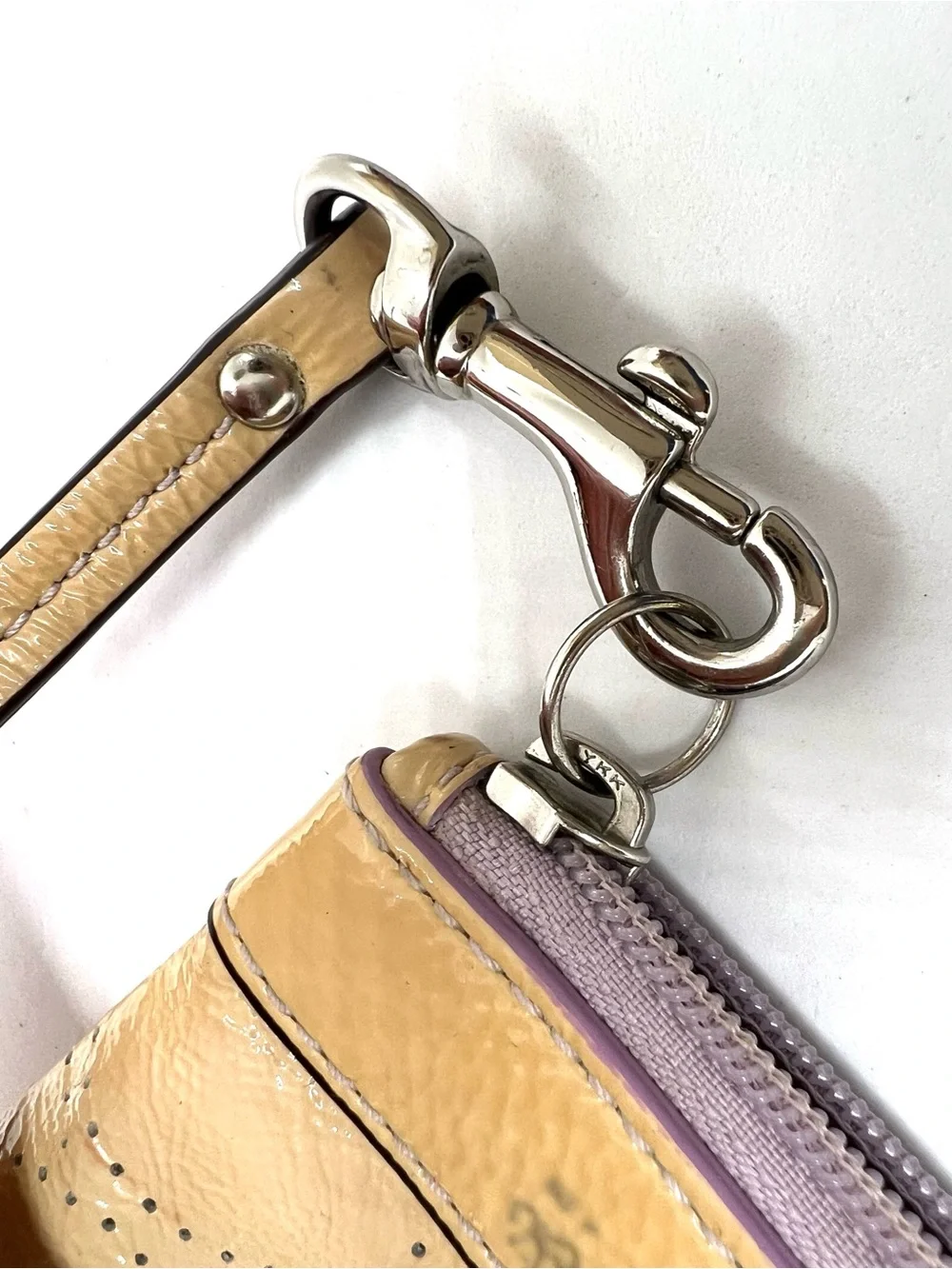 Coach Beige Patent Leather Perforated Signature C Wristlet Lilac Trim